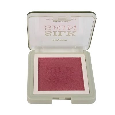 Estojo branco com blush cor-de-rosa e tampa transparente com texto