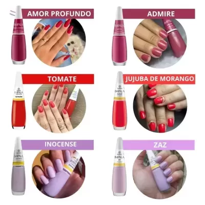 Seis vernizes de unhas coloridos com nomes e aplicação nas unhas