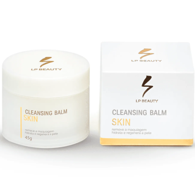 Bálsamo de limpeza LP Beauty em pote e caixa brancos com letras douradas