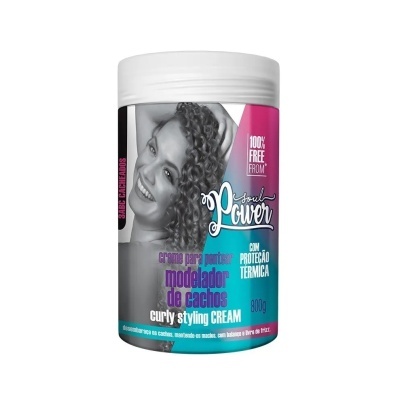Creme modelador de cachos Soul Power embalagem 800g com foto de mulher e texto colorido.