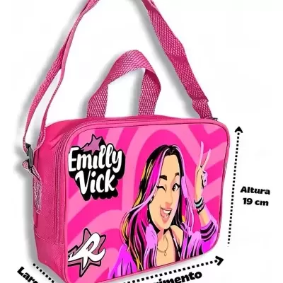 Bolsa rosa com imagem de rapariga e texto Emilly Vick