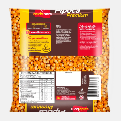 Pacote de pipoca premium Caldo Bom em grãos amarelos com informações e código de barras