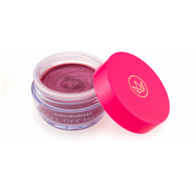 Pote de máscara de peeling vermelho vinho com tampa rosa e logótipo dourado