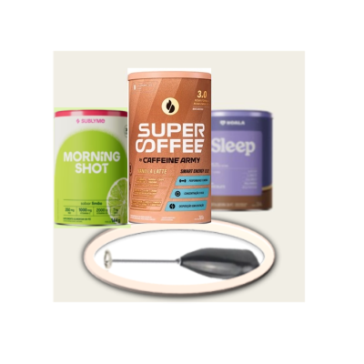 Três latas de suplementos e um batedor de leite