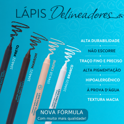 Quatro lápis delineadores para olhos nas cores preto, marrom, creme e branco em fundo azul com texto promocional.