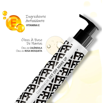 Frasco branco com bomba preta e texto preto de produto de limpeza facial.