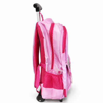 Mochila de rodinhas rosa clara com detalhes em rosa forte vista de lado