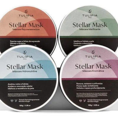 Quatro embalagens de máscaras faciais TULÍPIA PRO Stellar Mask em diferentes cores