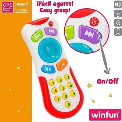 Comando de brinquedo infantil multicolorido com botões e texto em português e inglês