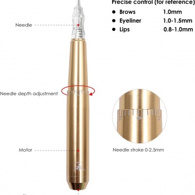 Dispositivo dourado com agulha e instruções de controlo preciso para sobrancelhas, eyeliner e lábios
