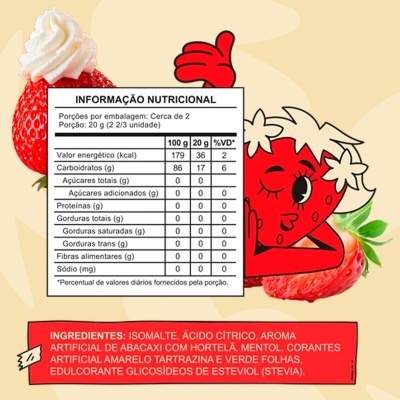 Etiqueta nutricional com morangos e ilustração alegre de morango no fundo bege