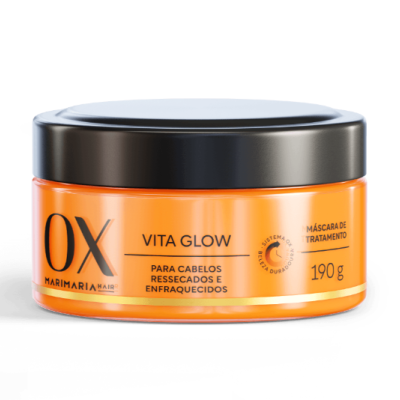 Frasco laranja com tampa preta de máscara capilar OX Vita Glow