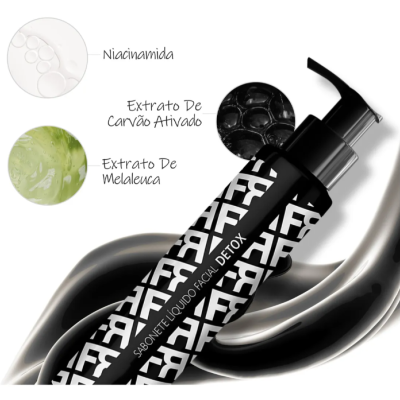 Frasco preto de sabonete líquido facial detox com padrão branco e texto dos ingredientes