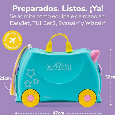 Mala de viagem infantil azul com rodas amarelas e detalhes rosa