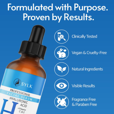 Frasco âmbar com soro facial SYLK e descrição de benefícios no fundo azul