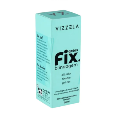 Embalagem azul turquesa de produto Vizzela gotas Fix. blindagem, 30ml