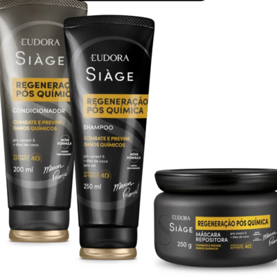 Produtos Eudora Siàge Regeneração Pós Química em embalagens pretas e douradas