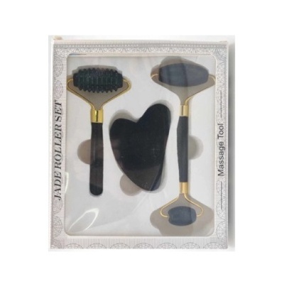 Conjunto de ferramentas de massagem em jade preta e dourada em caixa branca