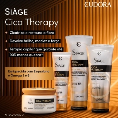 Produtos Siàge Cica Therapy da Eudora em embalagens brancas com detalhes dourados e texto em português