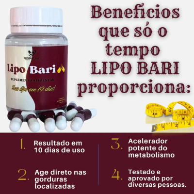 Frasco de suplemento Lipo Bari com cápsulas preto e branco e texto promocional em fundo branco e vinho