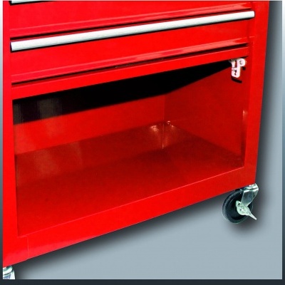 Carrinho de ferramentas metálico vermelho com compartimento aberto