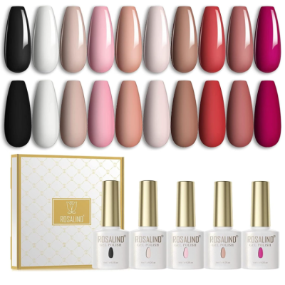 Amostras de unhas postiças coloridas e frascos de verniz gel ROSALIND com embalagem branca e dourada