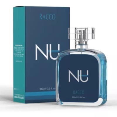 Frasco de perfume azul RACCO NU com caixa correspondente