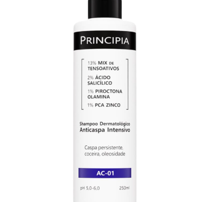Frasco branco de shampoo anticsepa PRINCIPIA com tampa preta