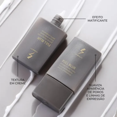 Frascos cinza fosco de produto cosmético com texto amarelo e indicações de efeito matificante e textura em creme.