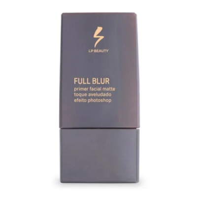 Embalagem cinza escuro de primer facial mate LP Beauty com texto dourado