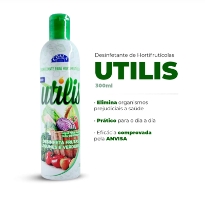 Frasco de desinfetante para hortifrutícolas UTILIS 300ml com tampa verde e imagens de frutas e legumes