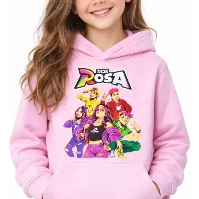 Hoodie rosa claro com estampa de personagens animados e texto DOS ROSA
