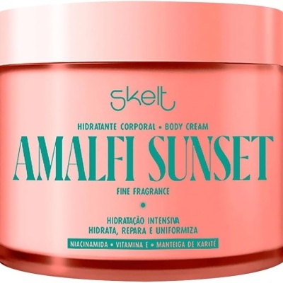 Frasco de creme corporal Skelt Amalfi Sunset rosa com letras verdes