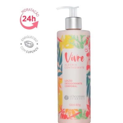 Frasco de loção corporal com padrão floral e texto em português