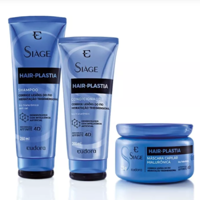 Produtos Eudora Siàge Hair-Plastia shampoo, condicionador e máscara em embalagens azuis
