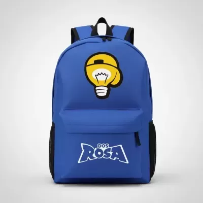 Mochila azul com ícone de lâmpada e texto DOS ROSA