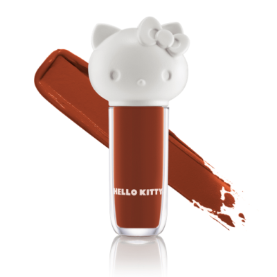 Batom líquido Hello Kitty castanho avermelhado com tampa branca de personagem