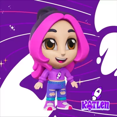 Boneco animado com cabelo rosa e roupa roxa em fundo roxo com texto Katlen