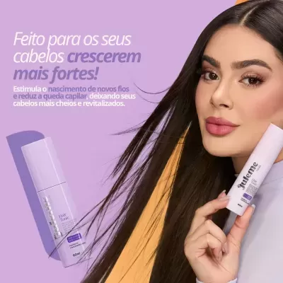 Frasco lilás de tónico capilar Juneme Hair Tonic 60ml com modelo segurando e texto em fundo lilás e laranja
