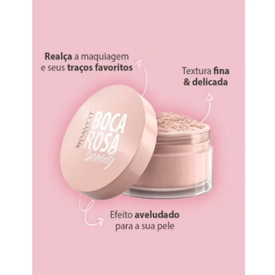 Pó facial em embalagem transparente com tampa rosa claro