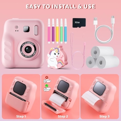 Câmara digital infantil cor-de-rosa com acessórios coloridos e instruções de instalação.
