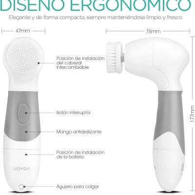 Escova facial elétrica ergonómica branca e cinza com cabeça intercambiável e botão interruptor