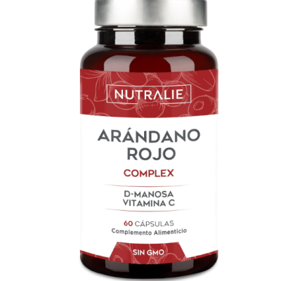 Frasco de suplemento alimentar Nutralie Arándano Rojo Complex com rótulo branco e vermelho