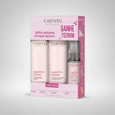 Pack CADIVEU PROFESSIONAL Quartzo Shine com shampoo, condicionador e serum, embalagem rosa