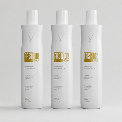 Frascos brancos de condicionador FASHION GOLD em fundo cinza