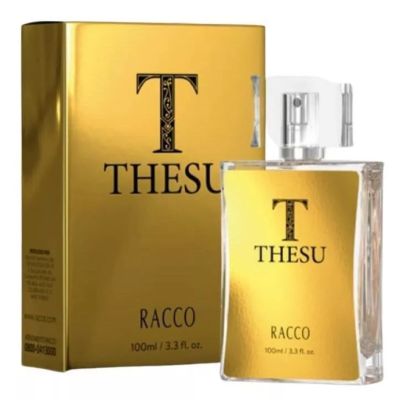Frasco de perfume THESU RACCO e caixa dourada