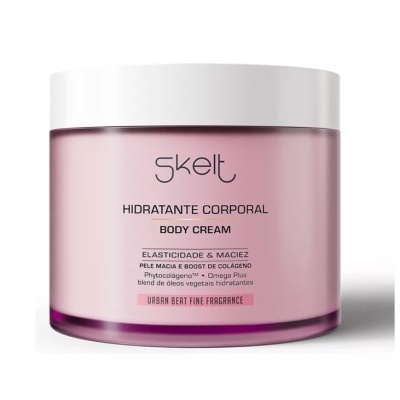 frasco de creme corporal Skelt rosa translúcido com tampa branca e texto preto
