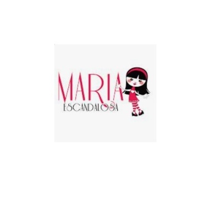 Logotipo com texto MARIA ESCANDALOSA e ilustração de menina com vestido vermelho