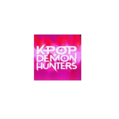 Texto K-POP DEMON HUNTERS em branco sobre fundo rosa e vermelho