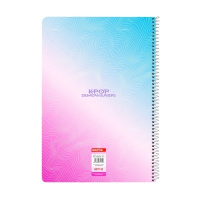 Caderno espiral com capa azul e rosa e texto K-POP DEMON HUNTERS